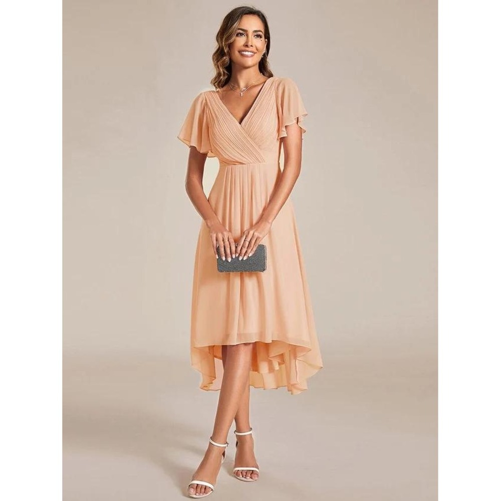 Ever-Pretty High-Low Dress Size XL Peach Pleated V-Neck Chiffon EG01923PE10